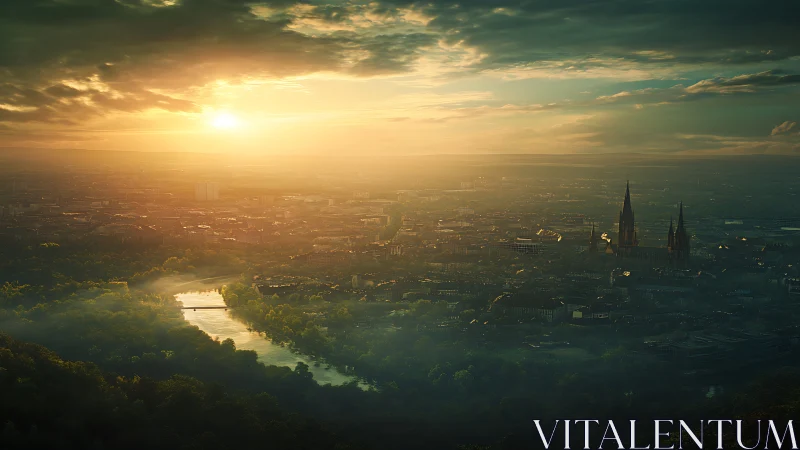 Golden sunrise over misty river city with distant cathedral.