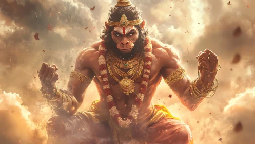 Radiant monkey warrior blazes through storm-lit golden clouds.