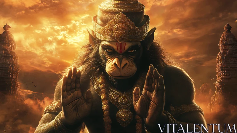 Powerful monkey warrior deity in golden temple sunset scene.