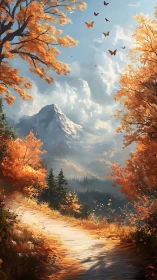 Autumnal mountain corridor with aerial butterflies in motion.