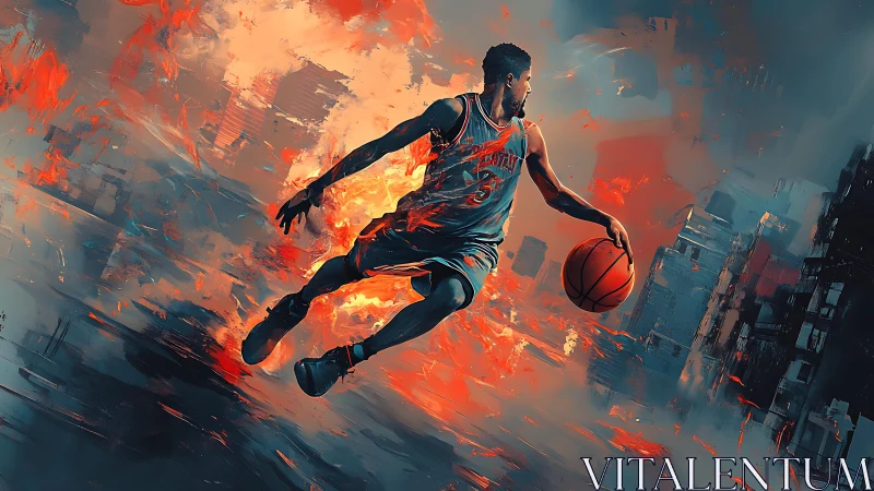 Digital painting of basketball player in fiery urban rush.