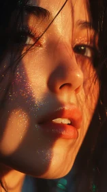 Sunlit freckles and glitter glow gently across soft skin