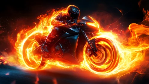 High-speed sport bike rider envelopes in dynamically stylized fire