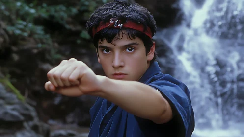 Young martial artist strikes focus before rushing waterfall.