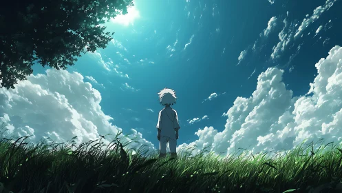 Sky-dazed dreamer beneath towering clouds of summer wonder.