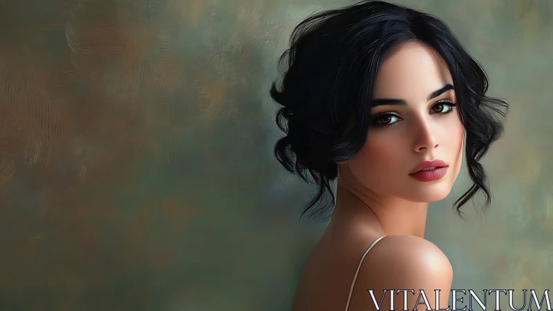 Digital portrait of woman with dark hair and soft gaze.
