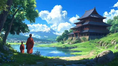 Serene riverside pagoda with Mt Fuji under expansive cumulus sky