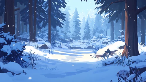 Winter forest landscape with snow and frozen stream.