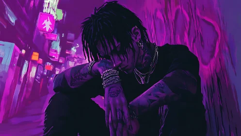 Tattooed man sits in neon alley under intense purple light