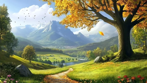 Sunny mountain valley with autumn tree and winding path.
