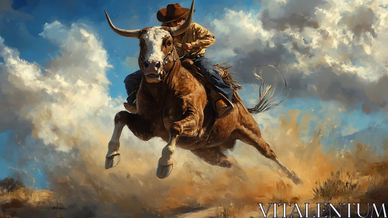 Cowboy rides charging longhorn through dust and storm clouds