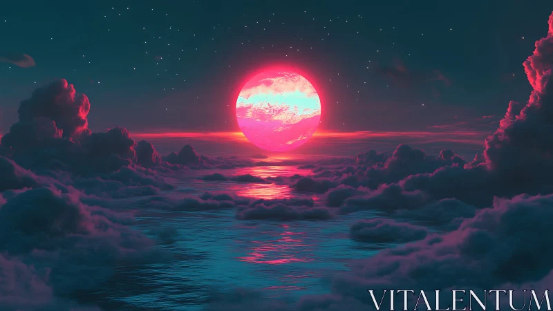 Chromatic lunar reflection over stratified cloud ocean.