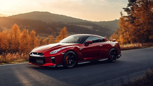 Red performance coupe on mountain road in golden autumn light.