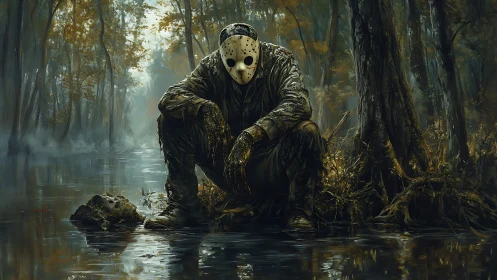 Masked predator broods by the swamp in ghostlit silence.