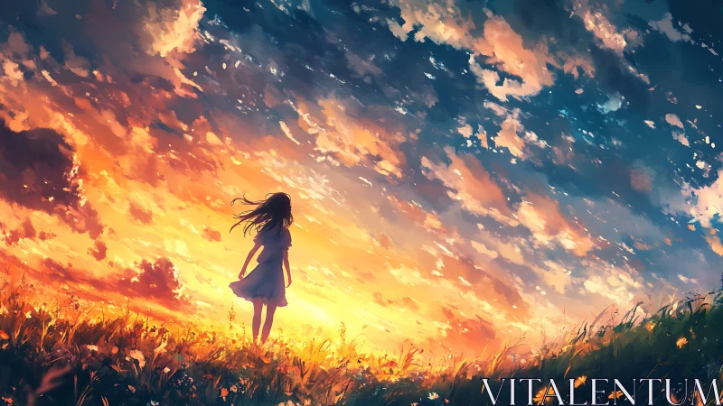 Girl in windlit meadow under blazing painted sunset sky.