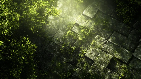 Sunlit mossy stone tiles glow softly beneath dense foliage