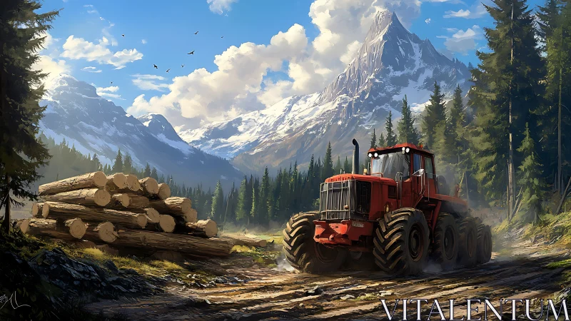 Red logging tractor rumbles through misty alpine forest road