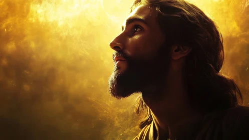 Saintly profile gazes into radiant golden spiritual light