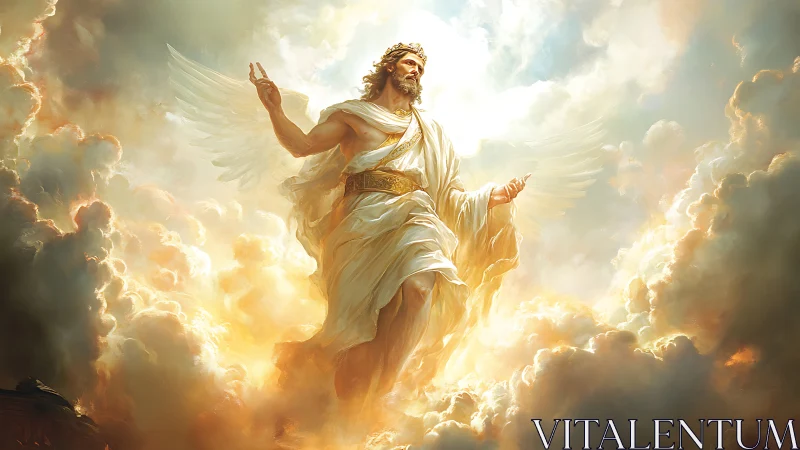 Winged robed figure ascending through bright cloudscape.