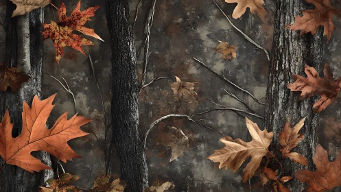 Autumn oak leaves layered over textured forest bark background.