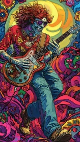 Skeletal guitarist strides forward amid dense psychedelic patterns
