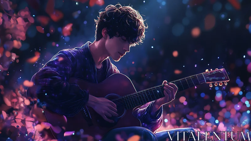 Young guitarist in bokeh lit twilight garden, digital painting