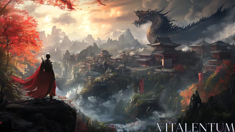 Lone warrior faces ancient dragon above misty mountain city.