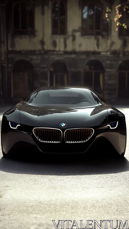 Front view of black BMW concept coupe on urban street.