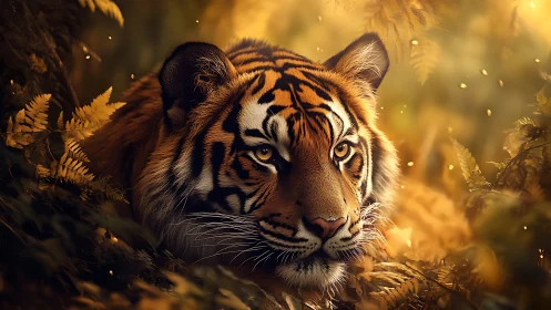 Golden forest tiger rests softly among glowing ferns