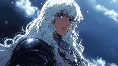 Steel‑armored anime knight under backlit clouds, high contrast lighting