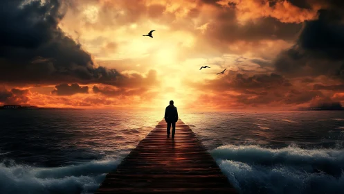 Solitary figure on pier facing intense ocean sunset.