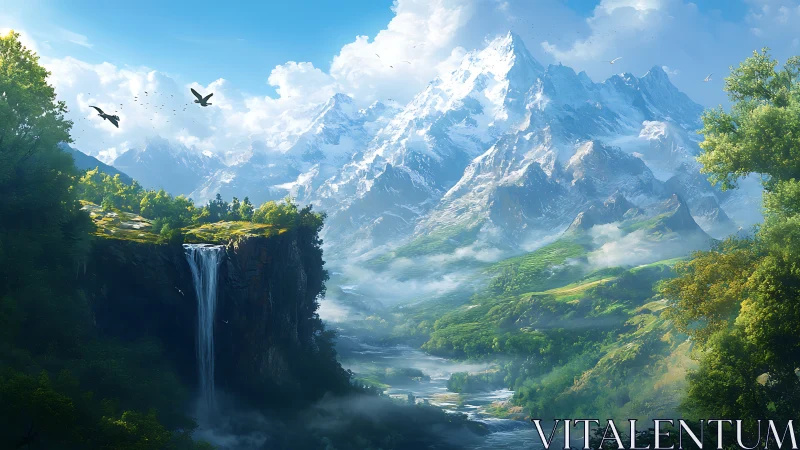 Sunlit alpine valley extends toward towering snow peaks