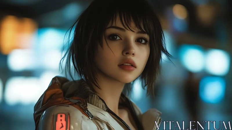 Young woman rendered in soft-focus futuristic city lighting