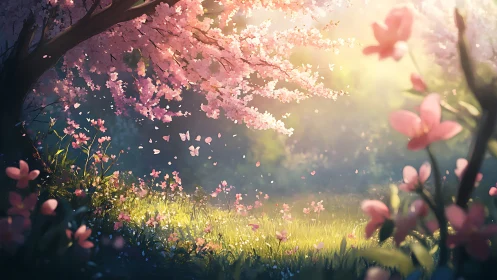 Whispers of spring drift beneath glowing cherry blossoms.