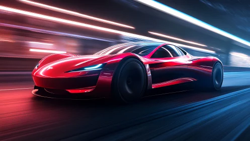 Electric red supercar slices neon highway at extreme speed.