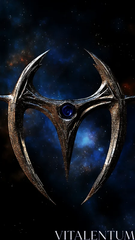 Alien trident sigil with blue core suspended in deep nebula