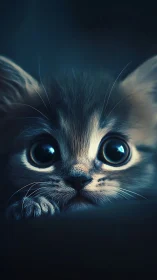 Wide-eyed kitten glows in dramatic low key blue light.
