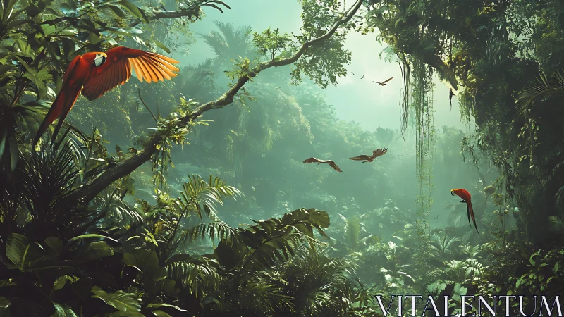 Scarlet macaws glide gently above a lush emerald rainforest
