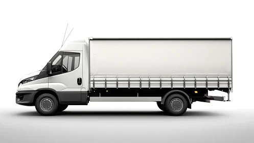 Side profile of white curtain side commercial cargo truck.