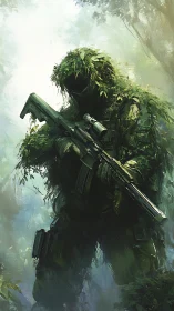 Digital painting of camouflaged jungle sniper in vertical frame.