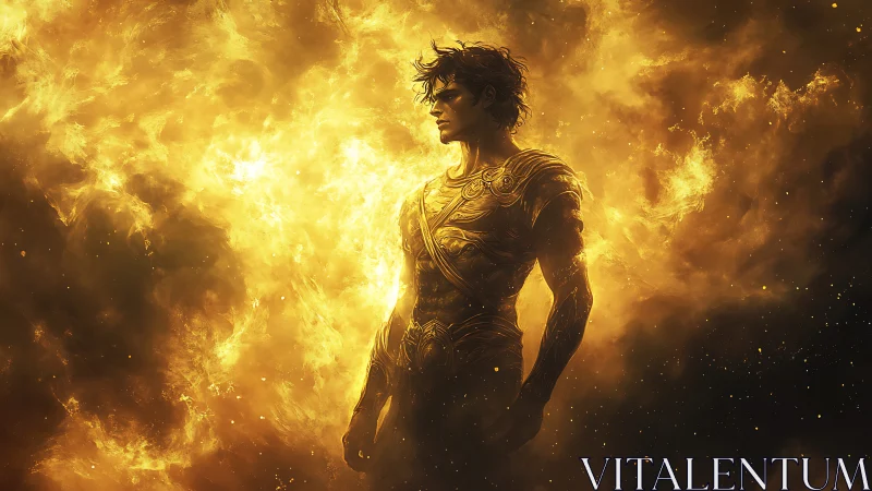 Solar-forged warrior drifting in a storm of divine fire.