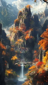 Autumn temple cascades down misty mountain waterfalls.