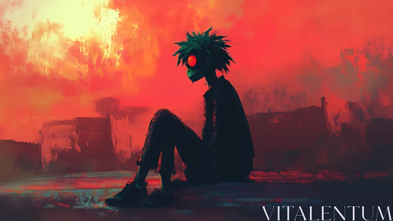 Solitary figure studies neon dusk under burning red sky.