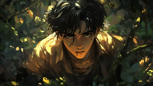 Defiant youth emerges from dense jungle shadows, eyes blazing.