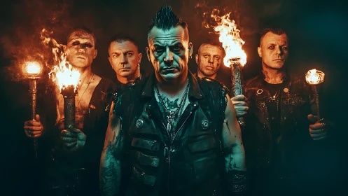 Industrial rock band stands with blazing torches, teal glow.