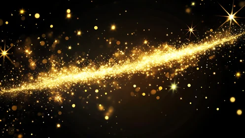 Golden light trail with dense sparkling particles on black