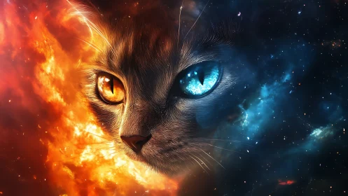 Cat Split Between Fire and Ice Elements.