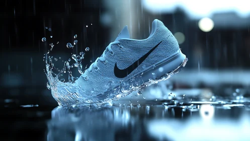 Athletic running shoe in sharp midair water splash motion.