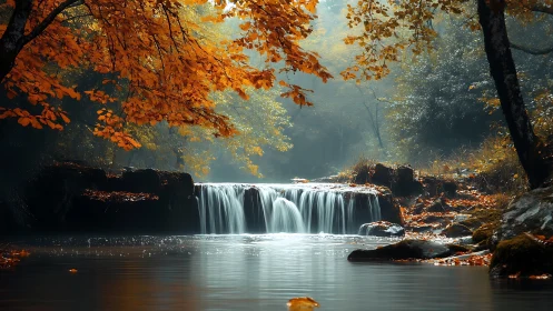 Golden autumn trees embrace a gentle woodland waterfall