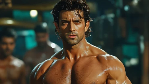 Intense gym glow on determined, sculpted athlete’s stare.